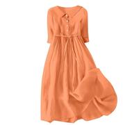 Literary Simple Cotton Dress, Cute Button Up Shirt Dress for Ladies, Solid Color with Lapel and Three-Quarter Sleeves, Elegant Roman Shirtdress for Women and Girls (Orange,TG)