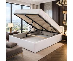 Literie Julien Ensemble Lit Coffre et Matelas 140x190 cm - Couleur : Blanc - Sommier Relevable avec Vérins Hydrauliques - Matelas Haute Densité Confort Souple - Lit Coffre Déhoussable