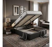 Literie Julien Ensemble Lit Coffre et Matelas 140x200 cm - Couleur : Noir - Sommier Relevable avec Vérins Hydrauliques - Matelas Soutien Très Ferme Haute Densité - Lit Coffre Déhoussable