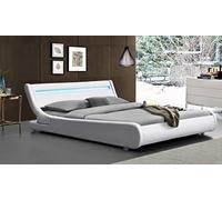 Literie Julien Lit ava pour Matelas 160x200 - Sommier + Tête de Lit eclairage LED Incurve Couleur Blanc + Pieds en 5 cm pour Matelas - 13 Lattes