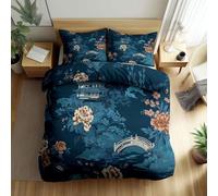 Literie Parure De Lit Microfibre Groupe De Jardin Chinois Pont Pagode Fleurs, Réversibles Housse De Couette 220 x 240 cm avec 2 Taies d'oreiller Bleu Foncé 3 Pièces, pour Adultes Enfants Filles Garçon