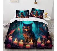 literie Set garçons Bougie Chat 220x260cm Housse de Couette Enfants Adolescents Adultes Scène De Nuit en Forêt Impression 3D avec dissimulée,légère et Douce en Microfibre pour 3 pièces