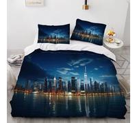 literie Set garçons Reflet des Bâtiments De La Ville 220x240cm Housse de Couette Enfants Adolescents Adultes Paysage Nocturne Impression 3D avec dissimulée,légère et Douce en Microfibre pour 3 pièces
