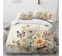 Literie Set Zip 220x260 Fleurs Et Papillons Housse de Couette pour Femme Adulte Teen Art Rétro 3 pièces Soft Microfibre Comfort Housse de Couette avec 2 Taies d'oreiller