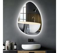 Litglobe Miroir Salle de Bain avec Eclairage 50x70cm,Asymétrique Miroirs LED Salle de Bain avec Anti-Buée,Interrupteur Tactile,Affichage Heure,3 Couleurs,Dimmable,Mémoire
