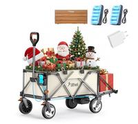 Litheli - Chariot électrique pliable avec freins, 200 L, 60 kg, adapté au camping, jardin, plage, courses (beige, 2 batteries + table + chargeur)