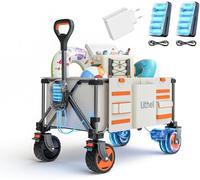 LiTHELi Chariot électrique pliable, chariot à main pliable avec double moteur & freins, 150L 60KG adapté pour le camping, le jardin, la plage, les courses (Beige, W2 Pro & chargeur)