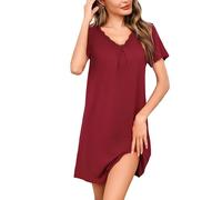 Litherday Chemise de Nuit Femme Coton Robe de Nuit Col V Dentelle Manches Courtes Nuisette Vêtement de Nuit Vin Rouge XXL