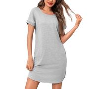 Litherday Chemise de Nuit Femme Manche Dolman Coton Robe de Nuit Col Rond Nuisette avec Poches Vêtement de Nuit Grande Taille Casual Gris S