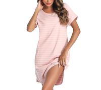 Litherday Chemise de Nuit Femme Rayé Manche Dolman Coton Robe de Nuit | Col Rond Nuisette avec Poches Vêtement de Nuit Grande Taille Lâche