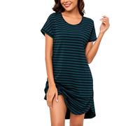 Litherday Chemise de Nuit Femme Rayé Manche Dolman Coton Robe de Nuit | Col Rond Nuisette avec Poches Vêtement de Nuit Grande Taille Lâche