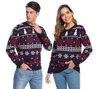 Litherday Pull de Noël Famille Unisexe Sweater Tricot à Col Rond avec Renne Flocon de Neige Arbre de Noël Imprimé Pull Manche Longue Hiver Sweat-Shirt Festif Joyeux Christmas