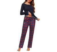 Litherday Pyjama Femme Ensembles de Pyjama Femme Coton Vêtement de Nuit à Manches Longues Haut + Bas de Pyjama Carreaux Automne et Hiver,B Bleu Marine New XXL