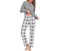 Litherday Pyjama Femme Hiver Ensembles de Pyjama Coton Vêtement de Nuit à Manches Longues Haut + Bas de Pyjama Carreaux Automne et Hiver
