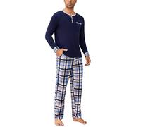 Litherday Pyjama Homme Hiver Coton à Manches Longues Vêtements De Nuit pour Hommes Deux Pièces Pantalon et Haut à Carreaux Bleu Marine 1 M