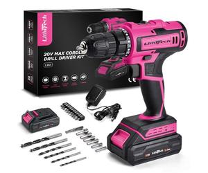 Lithitech Ensemble de perceuses sans fil rose 20 V pour femme - avec batterie 2,0 Ah et chargeur, mandrin sans e 0,95 cm, outil de perceuse électrique léger, 2 vitesses + couple de 354 lb (rose)