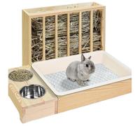 Litière 4 en 1 pour Petit Animal De Compagnie,mangeoire Lapin,Ratelier Foin À Foin en Bois pour Lapin, Hamster, Furet(Bois Massif)
