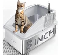 Litière en acier inoxydable | Bac à litière XXL profond de 20,3 cm avec couvercle pour grands chats | Côté haut, anti-fuites d'urine | Fond anti-adhésif et comprend un tapis à litière et une pelle en