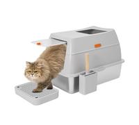 Litière fermée pour chat - 20 l - 40 x 60 x 38 cm - En acier inoxydable - Avec couvercle - Bord haut avec pelle - Marche à pédale - Deux entrées