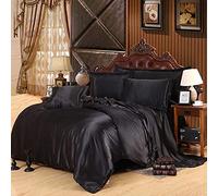 Litière Guojm Ensemble de draps de lit 4 pièces, Ensembles de literie en Soie en Satin Couvercle de Couette Plate à Ajustement Plate Twin Reine complète 4pcs Ensemble de Lin Noir 100% or-04-twin Plat