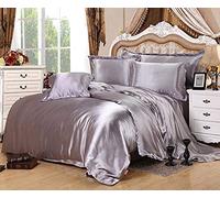 Litière Guojm Ensemble de draps de lit 4 pièces, Ensembles de literie en Soie en Satin Couvercle de Couette Plate à Ajustement Plate Twin Reine complète 4pcs Ensemble de Lin Noir 100% or-04-twin Plat