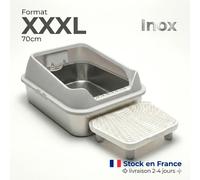 Litière Inox XXL 70x50x30cm ZOOPARK - Bac à Litière Grand Chat Acier Inoxydable Maine Coon Ragdoll Norvégien Sibérien, Parois Hautes Anti-Projection Anti-Odeur, Marche-Pied Collecteur Inclus