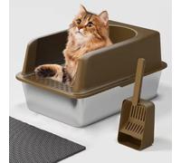 Litière pour chat - 20 L en acier inoxydable grand design en métal avec double couche de sable isolant pour chats grands et multiples - Semi-fermée