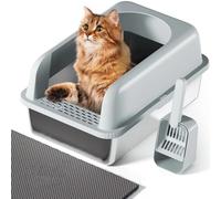 Litière pour chat - 20 L en acier inoxydable grand design en métal avec double couche de sable isolant pour chats grands et multiples - Semi-fermée