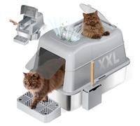 Litière pour chat en acier inoxydable avec couvercle rabattable à 110 °, grande taille XXL en métal fermé pour grands chats, pelle et pédale, entrée frontale et sortie par le haut