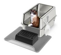Litière pour chat en acier inoxydable avec couvercle, XXL extra large, litière en métal amovible avec côtés hauts pour chats de grande taille avec palette, tapis de litière et pédale