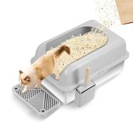Litière pour chat en acier inoxydable de grande capacité de 20 L, anti-rouille, résistante aux rayures, entrée latérale, support à litière et pédale pour un nettoyage facile, gris