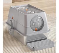 Litière pour chat en métal avec couvercle amovible, design rabattable en acier inoxydable, toilettes fermées à haut bord avec pelle et pédale pour un nettoyage facile