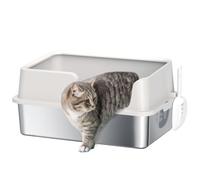 Pawhut Maison de toilette bac à litière pour chat 60 x 40 x 28 cm acier inox/plastique gris clair