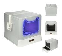 Litière pour chat XL avec sac à charbon actif et lumière UV, en acier inoxydable, avec plateau extensible et pelle, 51 x 41 x 38 cm (gris, 1 déodorant, 1 UV)