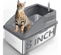 Litière XXL en acier inoxydable | Bac à litière profond de 20,3 cm avec couvercle pour grands chats | Côté haut, anti-fuites d'urine | Fond anti-adhésif et comprend un tapis à litière et une pelle en
