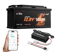 LiTime Batterie Lithium 12V 100Ah H190 Bluetooth avec 14,6V 20A Chargeur pour Camping-Car, AC-DC Chargeur avec Connecteur Anderson, Max. 15000 Cycles, Énergie 1280Wh, Idéale pour Camper Van, Fourgon