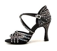 LITNERMIA Femmes Peep Toe clouté Strass différentes Couleurs Mariage fête Sandales Tango Chaussures de Danse Latine,B Satin Noir 9cm Talon,39 EU