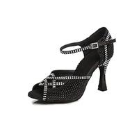LITNERMIA Sandales à talon évasé pour femme avec une seule sangle découpée en satin et cristaux, Noir Talon de 9 cm, 42.5 EU