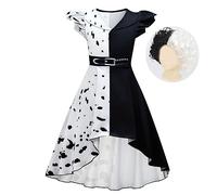 Lito Angels Deguisement Costume Cruella Robe à Pois Dalmatien Noir Blanc avec Perruque pour Enfant Fille, Taille 4-5 ans