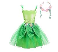 Lito Angels Deguisement Costume Fée Fille, Robe de Fée Verte avec Couronne de Fleurs pour Enfant Fille (M, L, XL)