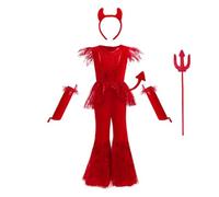 Lito Angels Deguisement Diablesse Fille Combinaison Velours avec Serre Tête Cornes et Trident, Tenue Flamme Halloween Carnaval Age 5-6 Ans