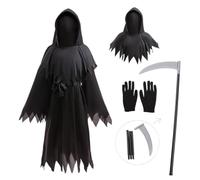 Lito Angels Deguisement Enfant Grim Reaper 7-8 Ans Garcon Fille avec Robe Noire Capuche Gants Faux Ceinture pour Halloween Carnaval Ecole Spectacle Costume Horreur Taille 128