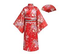 Lito Angels Deguisement Ensemble costume kimono japonais pour filles robe yukata satinée florale avec ceinture obi et éventail Journée mondiale du livre, petites filles 5-6 ans, Taille 116, rouge