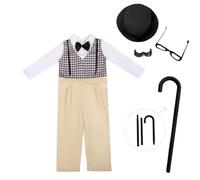 Lito Angels Deguisement Grand-Père Vintage Années Folles pour Garçon Combinaison Chapeau Lunettes Canne Fausse Barbe Tenue Costumée Historique Fete d'École Spectacle Enfant 8-9 Ans