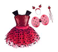 Lito Angels Deguisement Ladybug Coccinelle avec Ailes et Accessoires Enfant Fille, Robe Tulle à Pois Rouge Noirs, Taille 5-6 ans