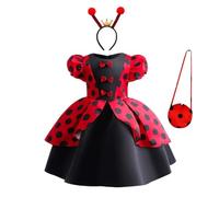 Lito Angels Deguisement Ladybug Coccinelle Robe de Fete Anniversaire à Pois Rouge et Noir avec Serre-tête et Sac pour Enfant Fille Taille 6-7 ans (étiquette en tissu 130)