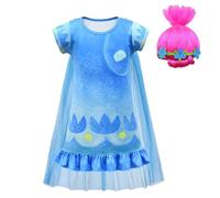 Lito Angels Deguisement Robe Costume Poppy Trolls avec Perruque Rose pour Enfant Fille Taille 8-9 ans, Bleu