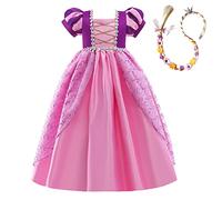 Lito Angels Deguisement Robe Costume Princesse Raiponce avec Perruque Tresser pour Enfant Fille, Taille 7-8 Ans, Manche Courte Bouffante, Violet
