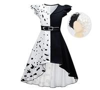 Lito Angels Deguisement Robe Dalmatien Taches Noires et Blanches Haut Bas Costume avec Perruque pour Enfant Fille, Taille 10-11 ans, Manche Longue