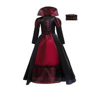 Lito Angels Deguisement Robe de Vampire Gothique Costume d'halloween avec Choker Collier pour Enfant Fille Taille 5-6 Ans, Noir et Bordeaux